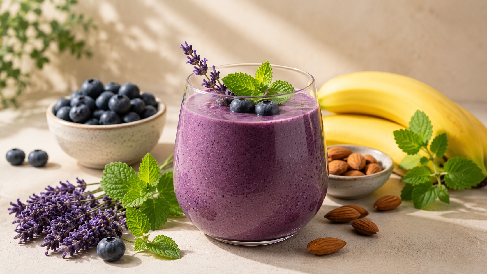Áfonyás-levendulás smoothie friss áfonyával, levendulával és citromfűvel, letisztult, napfényes környezetben.