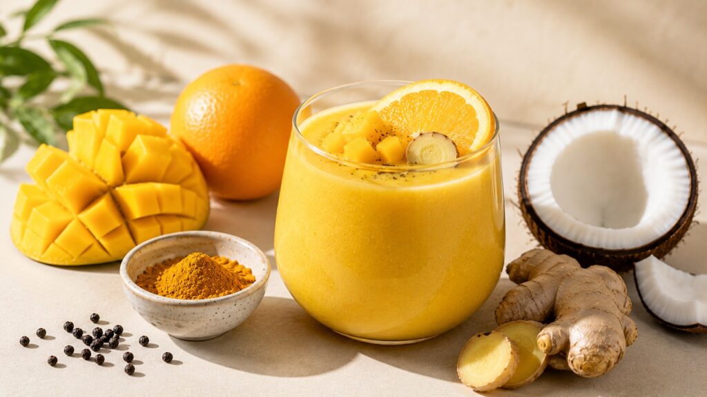 Ananászos smoothie citromfűvel és kókuszvízzel trópusi hangulatban, friss ananásszal és pálmalevelek árnyékával.