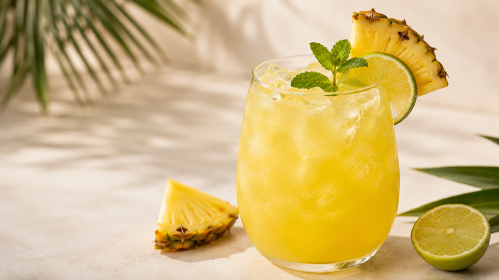Friss ananászos limonádé jéggel, ananászszelettel, lime-mal és mentával, letisztult trópusi háttér előtt.