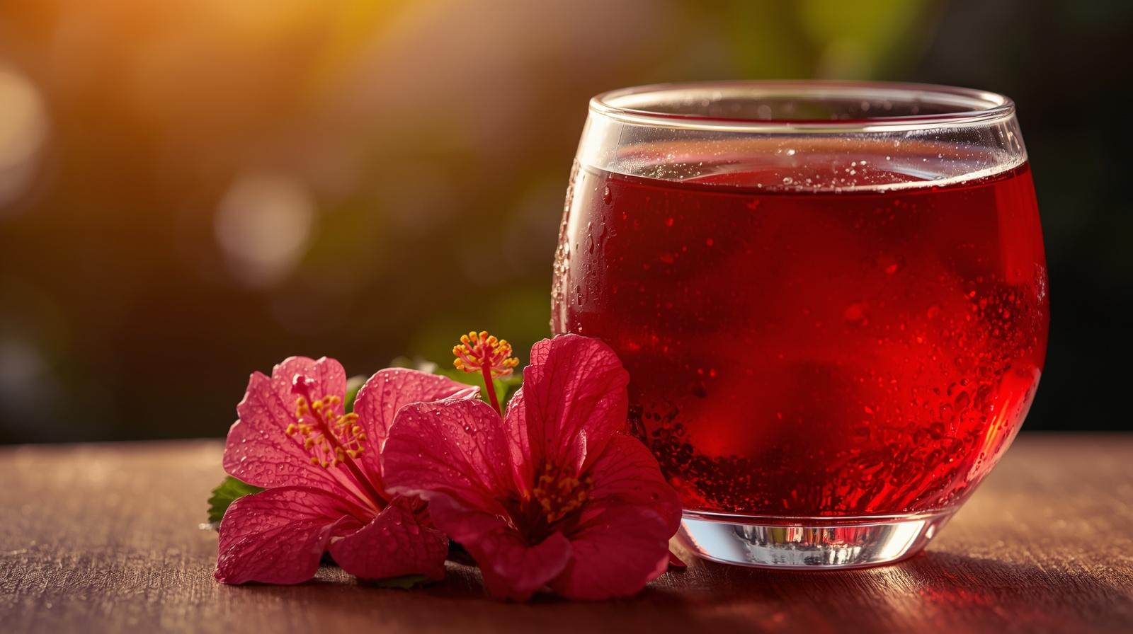 Hibiszkusz-tea-mely-piros-poharban-–-friss-virag-mellette-tropusi-hangulatban-3