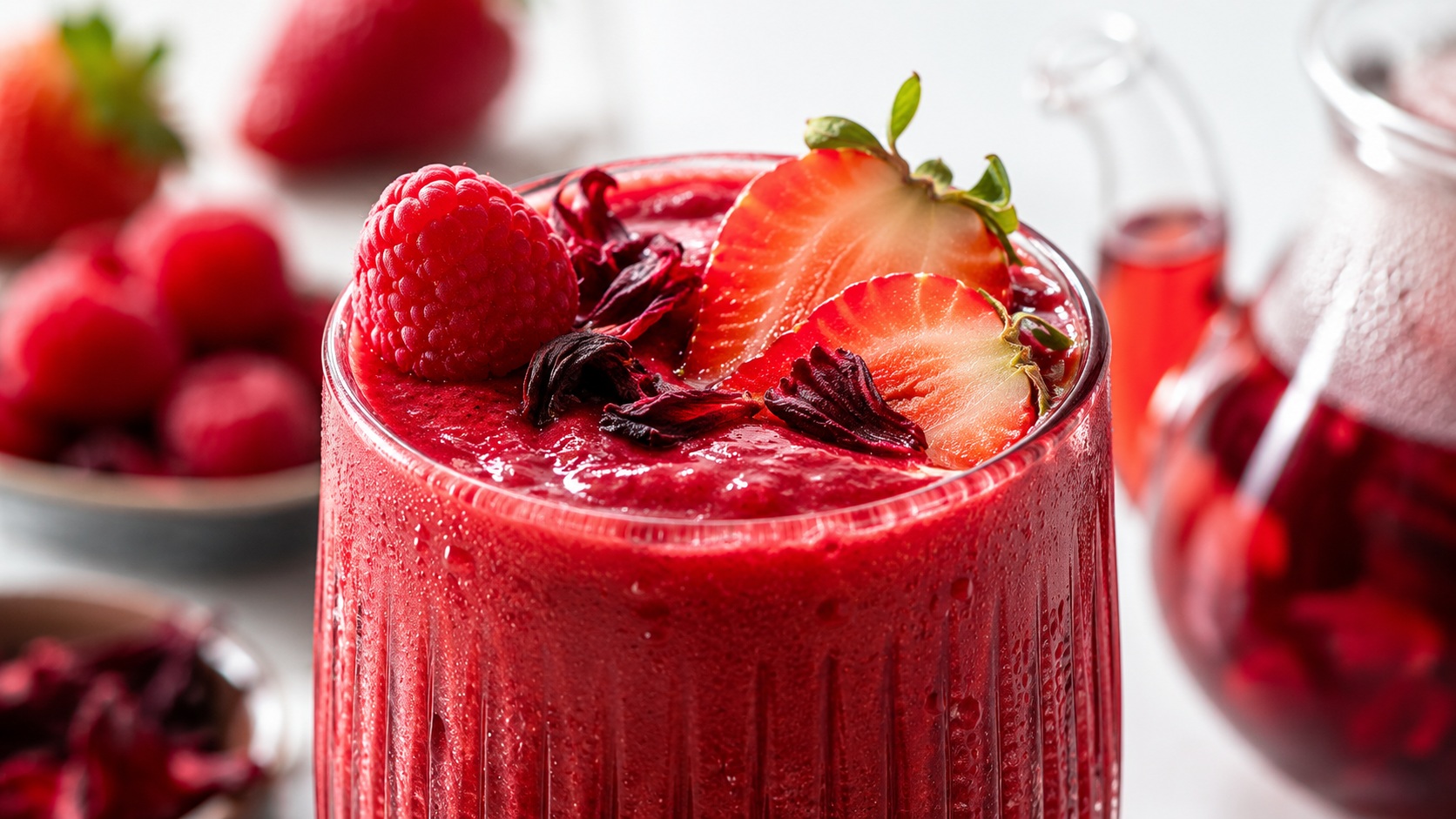 Közeli fotó egy élénkpiros epres-málnás smoothie-ról hibiszkuszteával, friss málnával és eperrel díszítve.