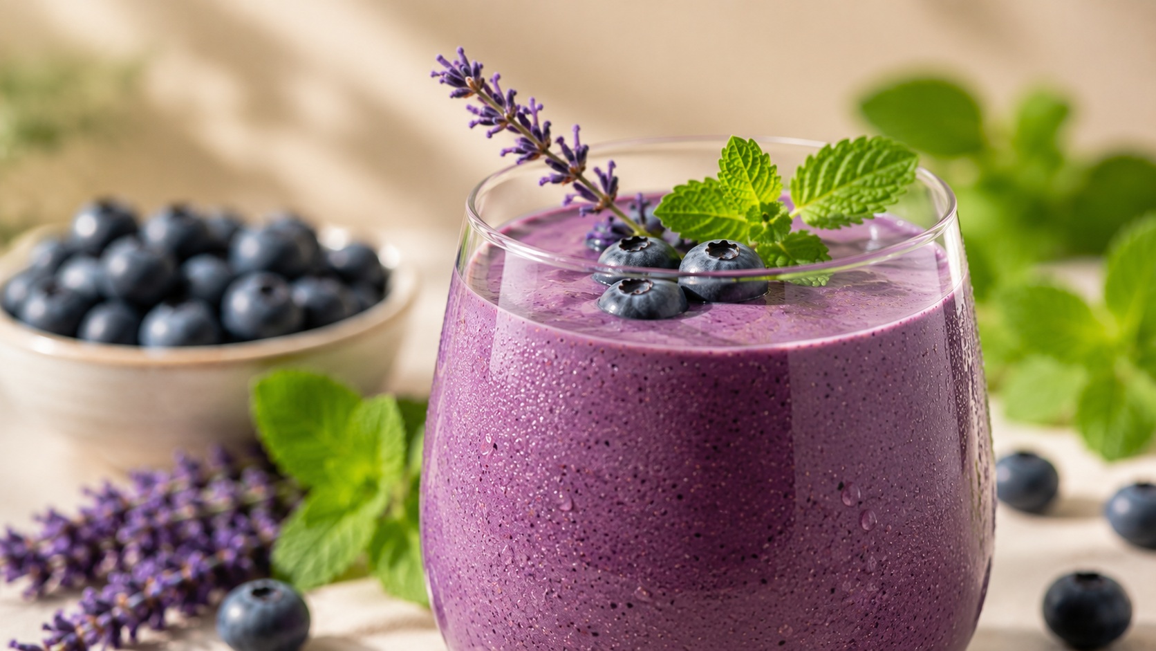 Közeli fotó egy krémes áfonyás-levendulás smoothie-ról friss áfonyával, levendulával és citromfűvel, letisztult háttérrel.