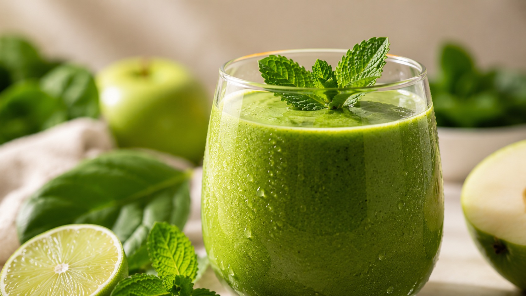 Közeli fotó egy krémes zöld smoothie-ról bébispenóttal, mentával, zöld almával és lime-mal, friss reggeli hangulatban.
