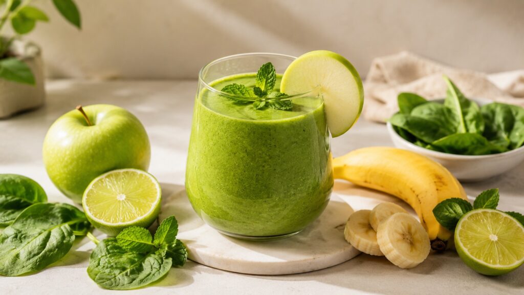 Zöld smoothie bébispenóttal, banánnal, zöld almával, mentával és lime-mal letisztult, napfényes konyhai környezetben.