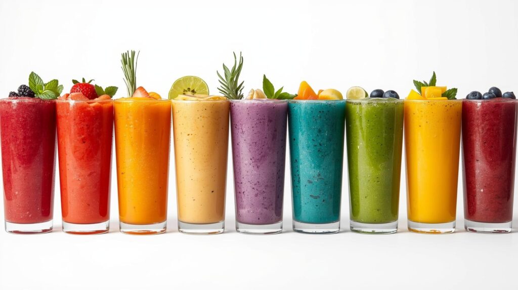 10 vibráló smoothie pohár sorban szivárvány szín különböző gyümölcsök és gyógynövények