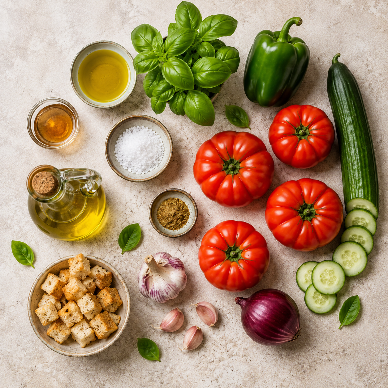 Andalúz gazpacho friss hozzávalói