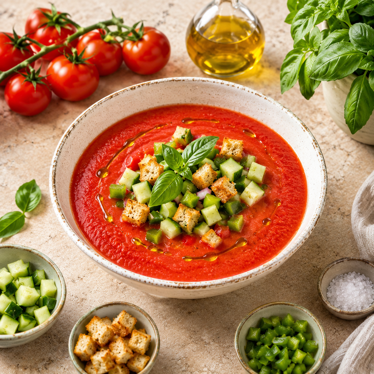 Andalúz gazpacho friss uborkával, paprikával és krutonnal