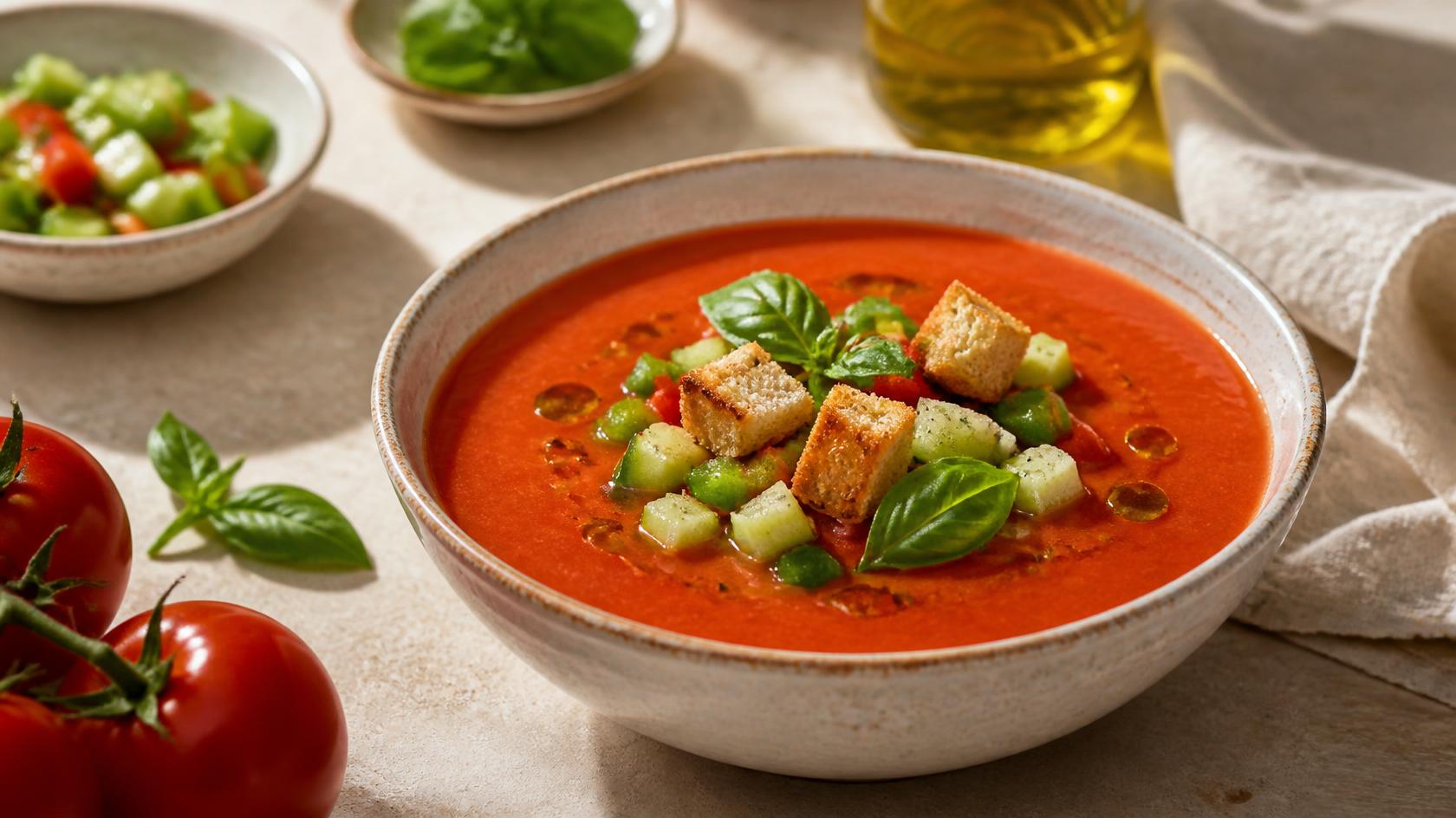 Andalúz gazpacho friss zöldségekkel és krutonnal