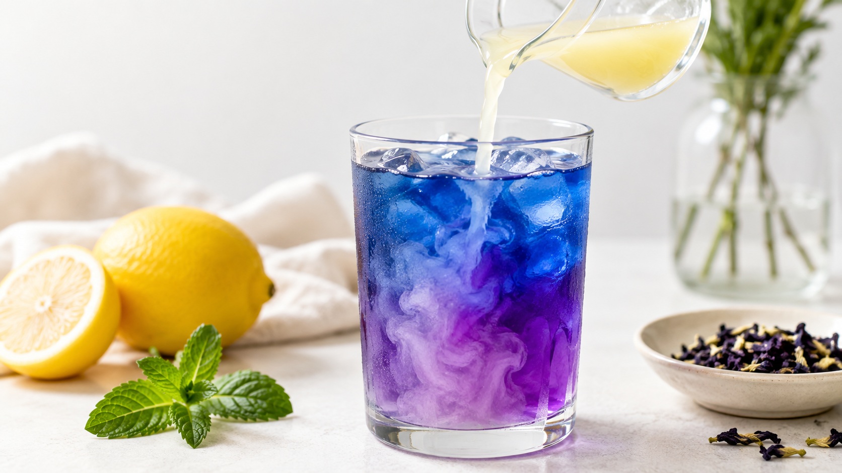 Citromlé hatására lilává változó pillangóborsó teából készült limonádé.