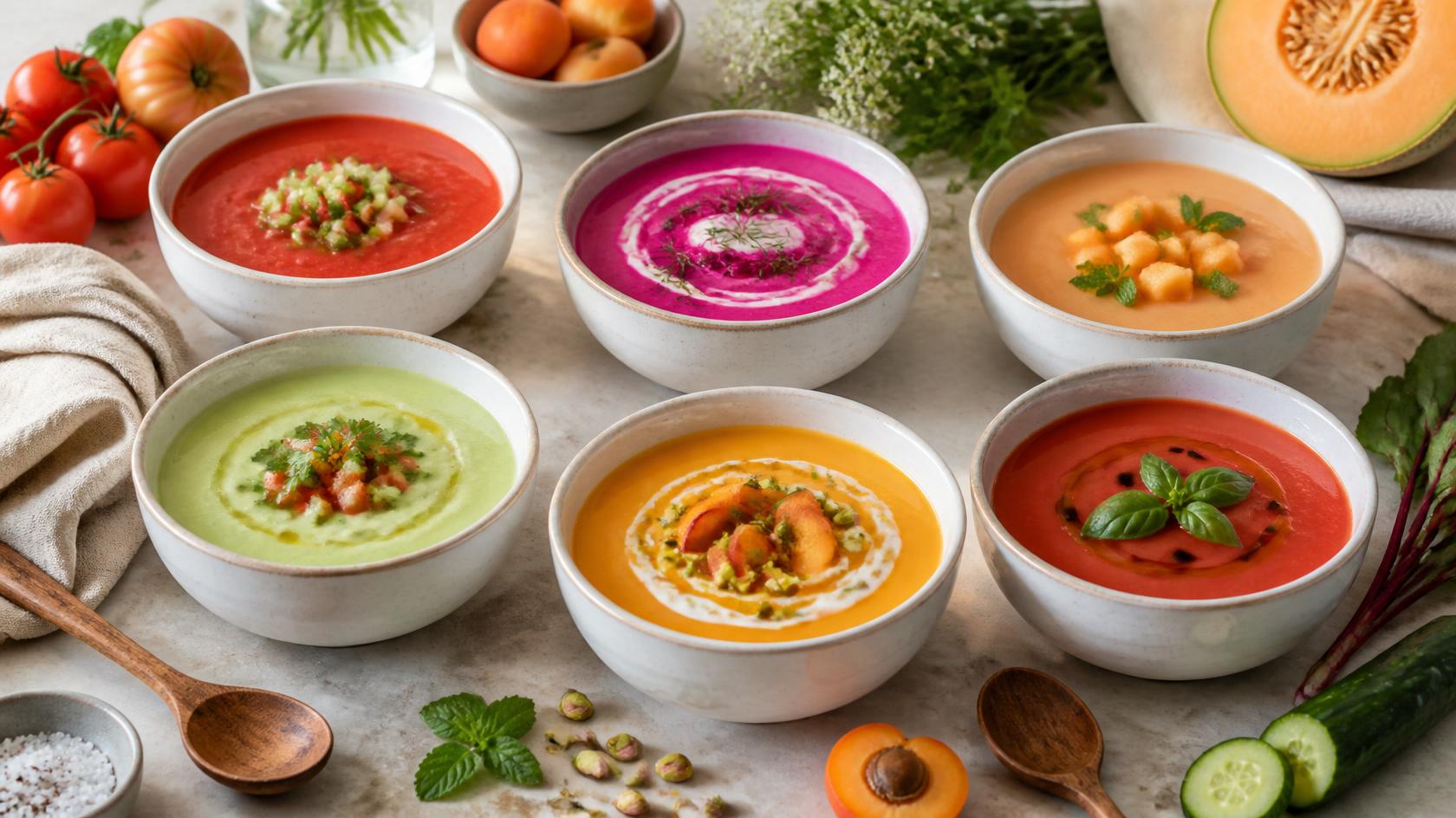 Hatféle hideg nyári leves egy asztalon, friss alapanyagokkal és mediterrán hangulatban.