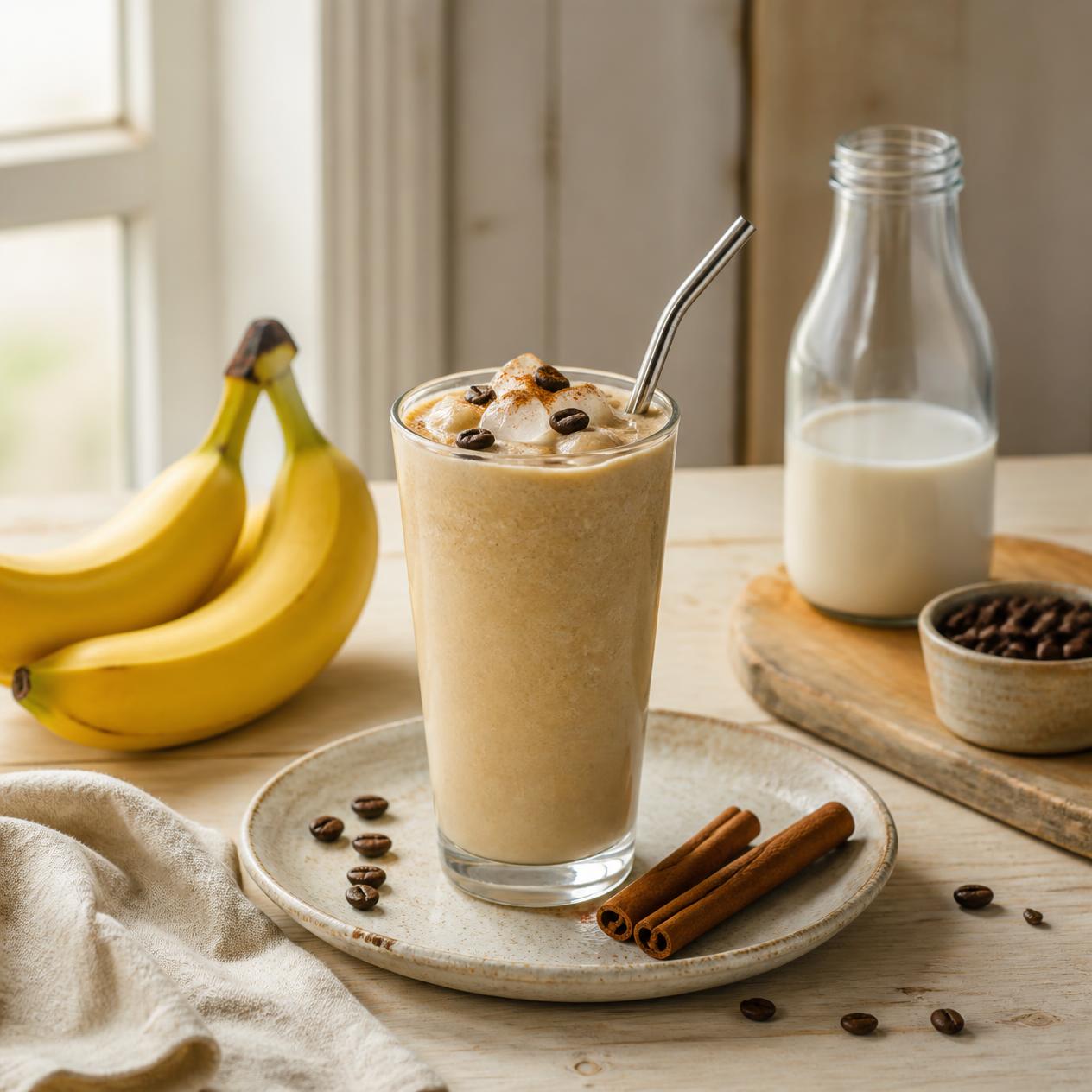 Jeges kávés banán smoothie tálalása
