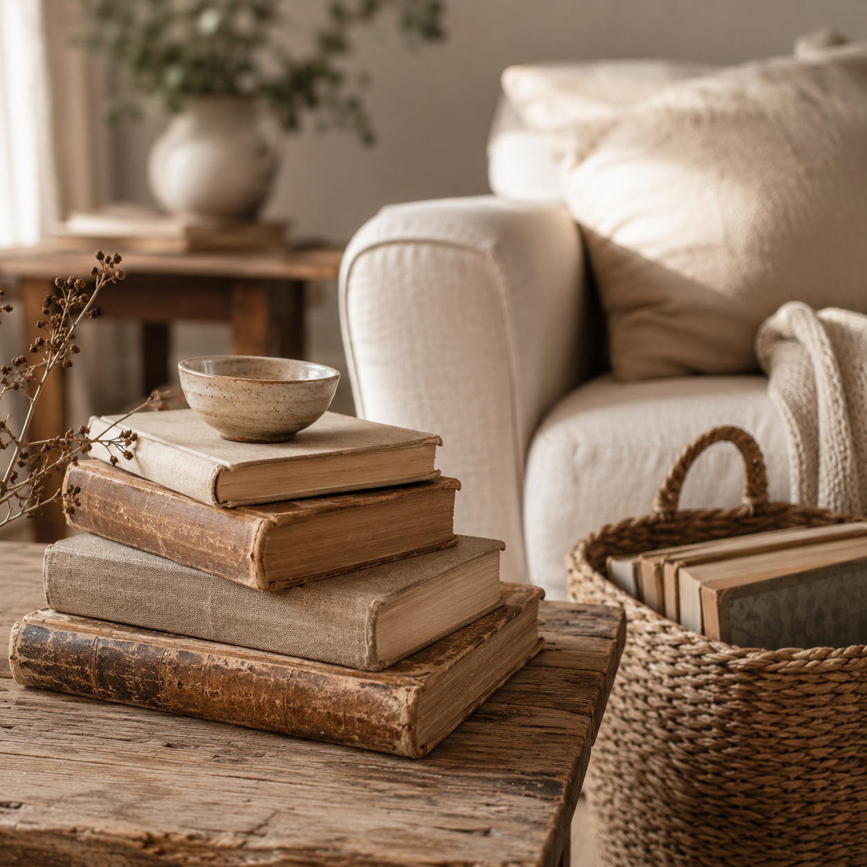 Könyvhalmok fa dohányzóasztalon cottage nappaliban