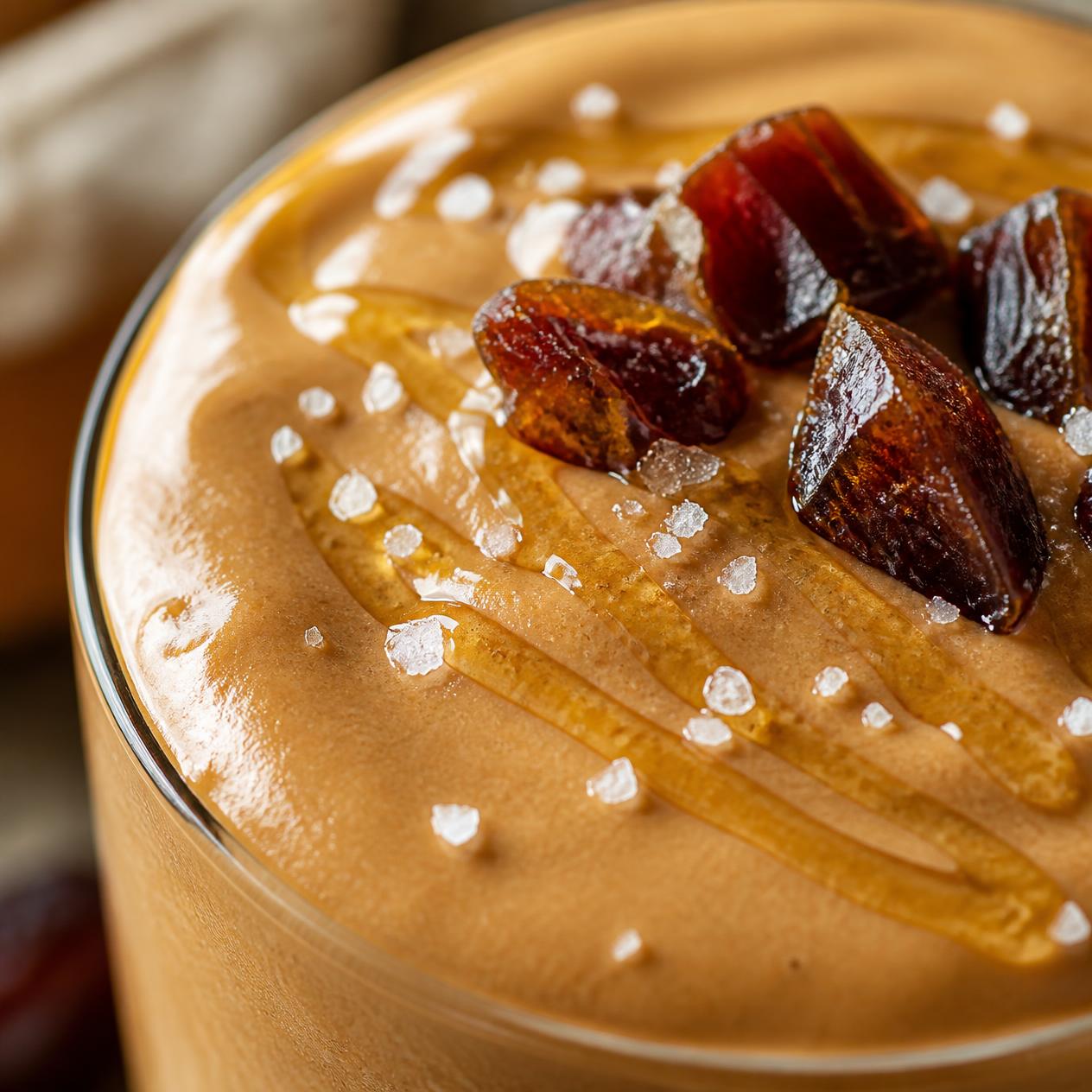 Közelkép a krémes datolyás karamell kávé smoothie-ról