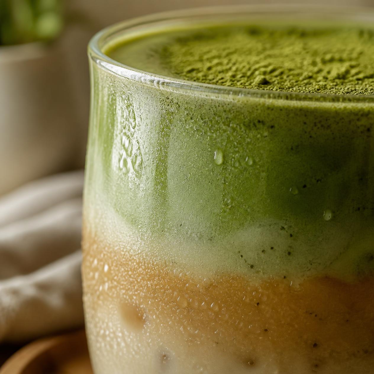 Közelkép a réteges matcha kávé smoothie-ról