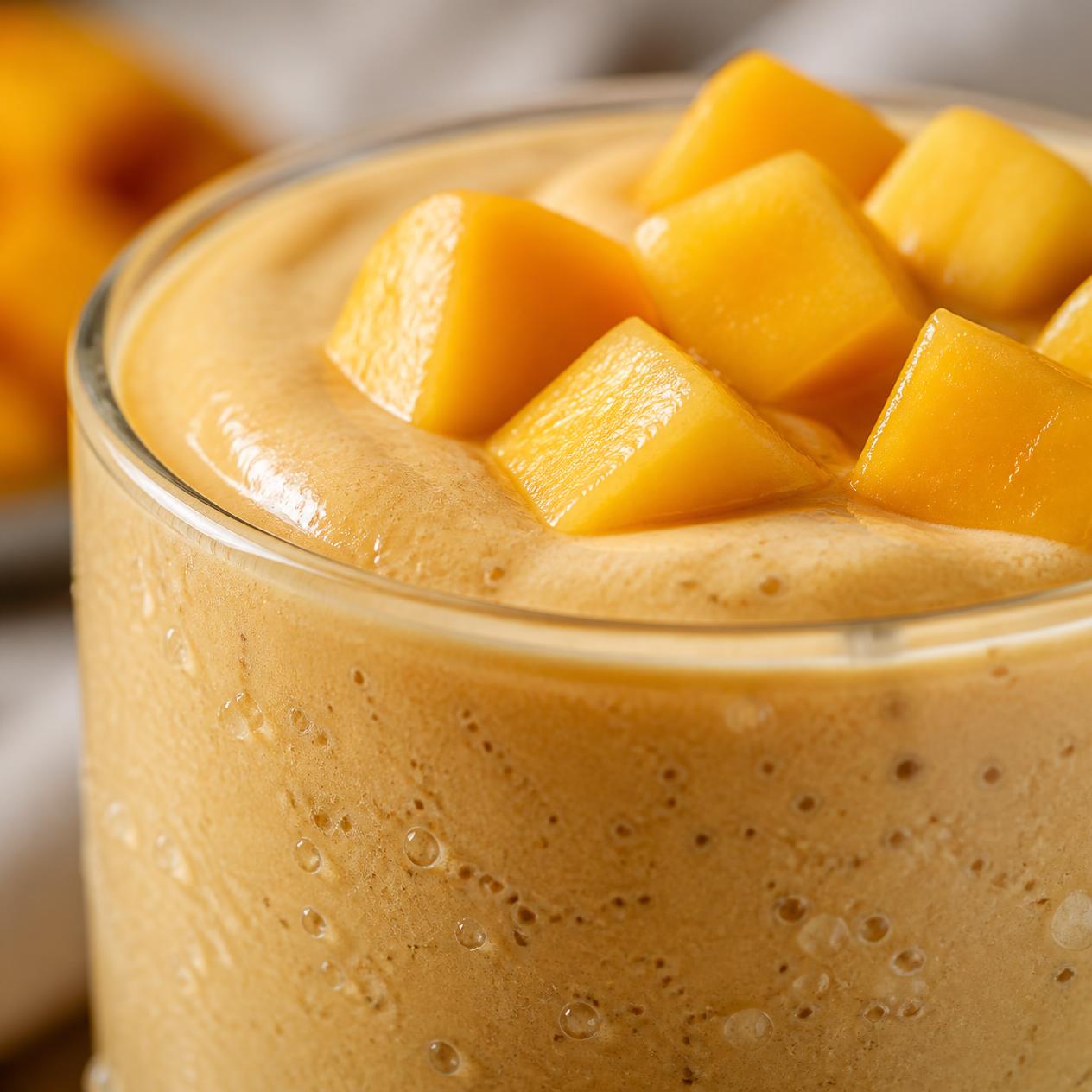 Közelkép a trópusi mangós kávé smoothie-ról
