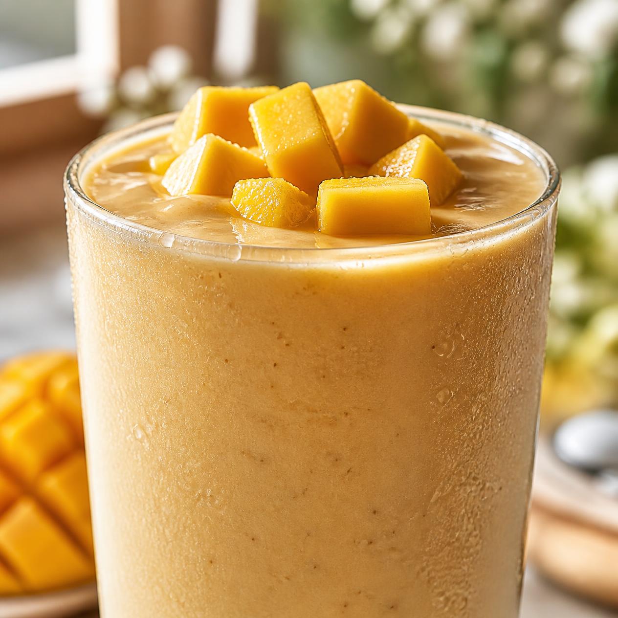 Közelkép a trópusi mangós kávé smoothie-ról