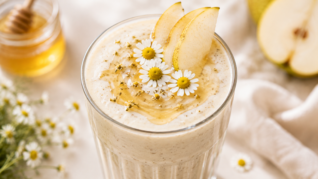 Krémes kamillás smoothie friss kamillavirággal és körteszeletekkel díszítve.