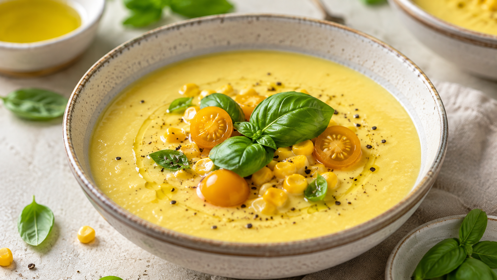 Krémes kukorica gazpacho bazsalikommal és friss kukoricaszemekkel díszítve.