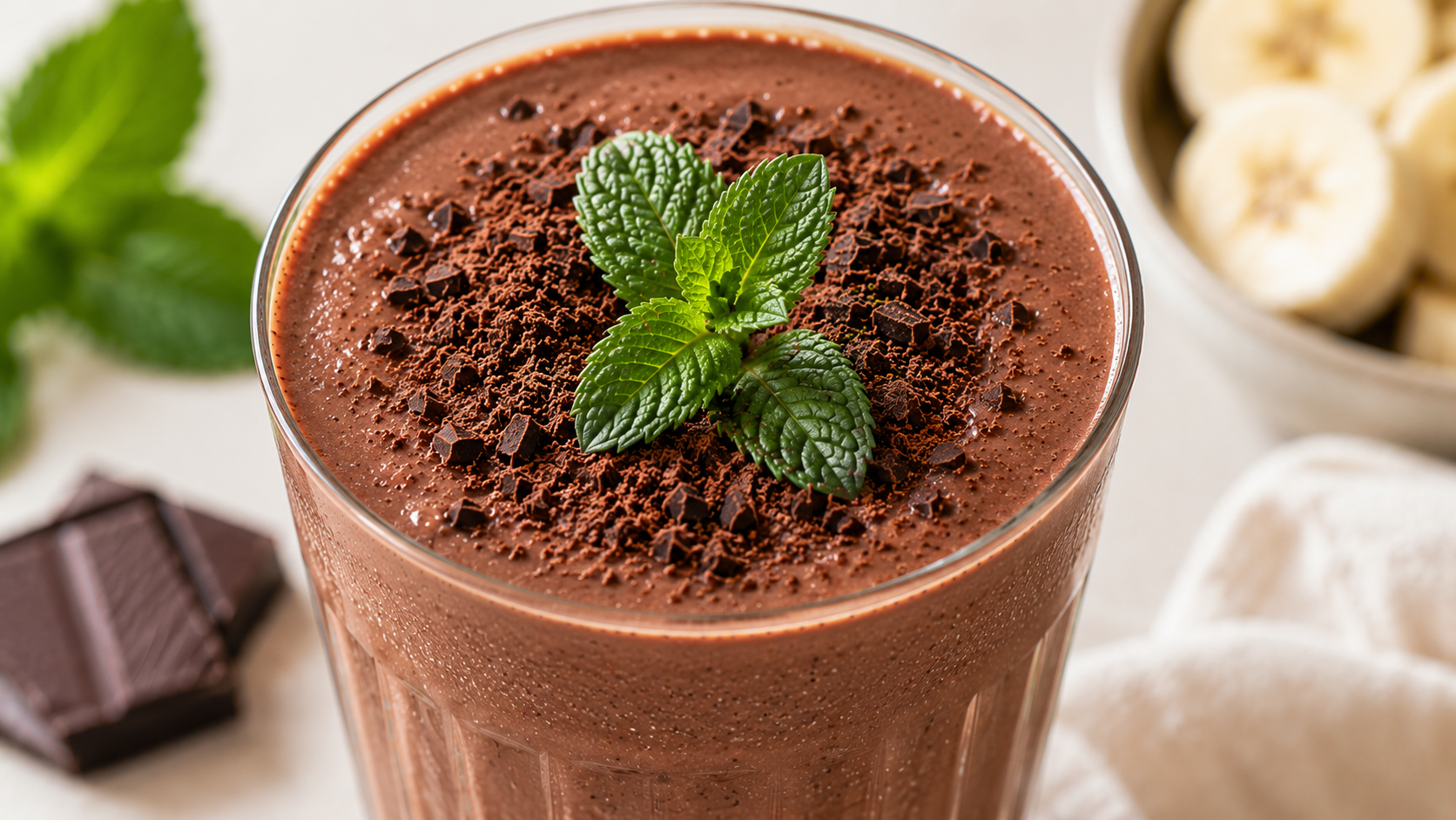 Krémes mentás csokoládés smoothie friss mentával és reszelt étcsokoládéval díszítve.
