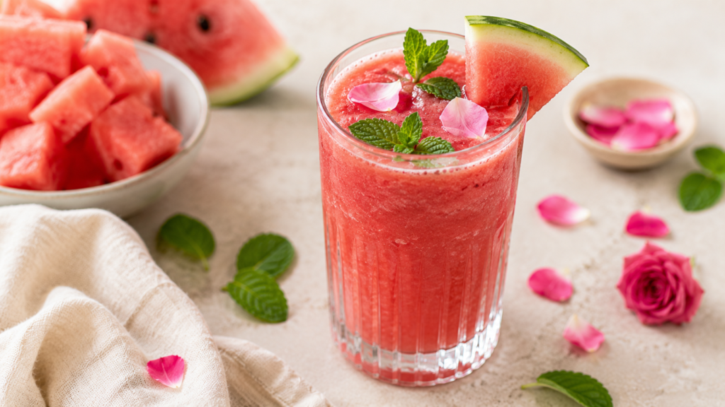 Makró felvétel rózsás görögdinnyés smoothie-ról friss mentával és rózsaszirmokkal.