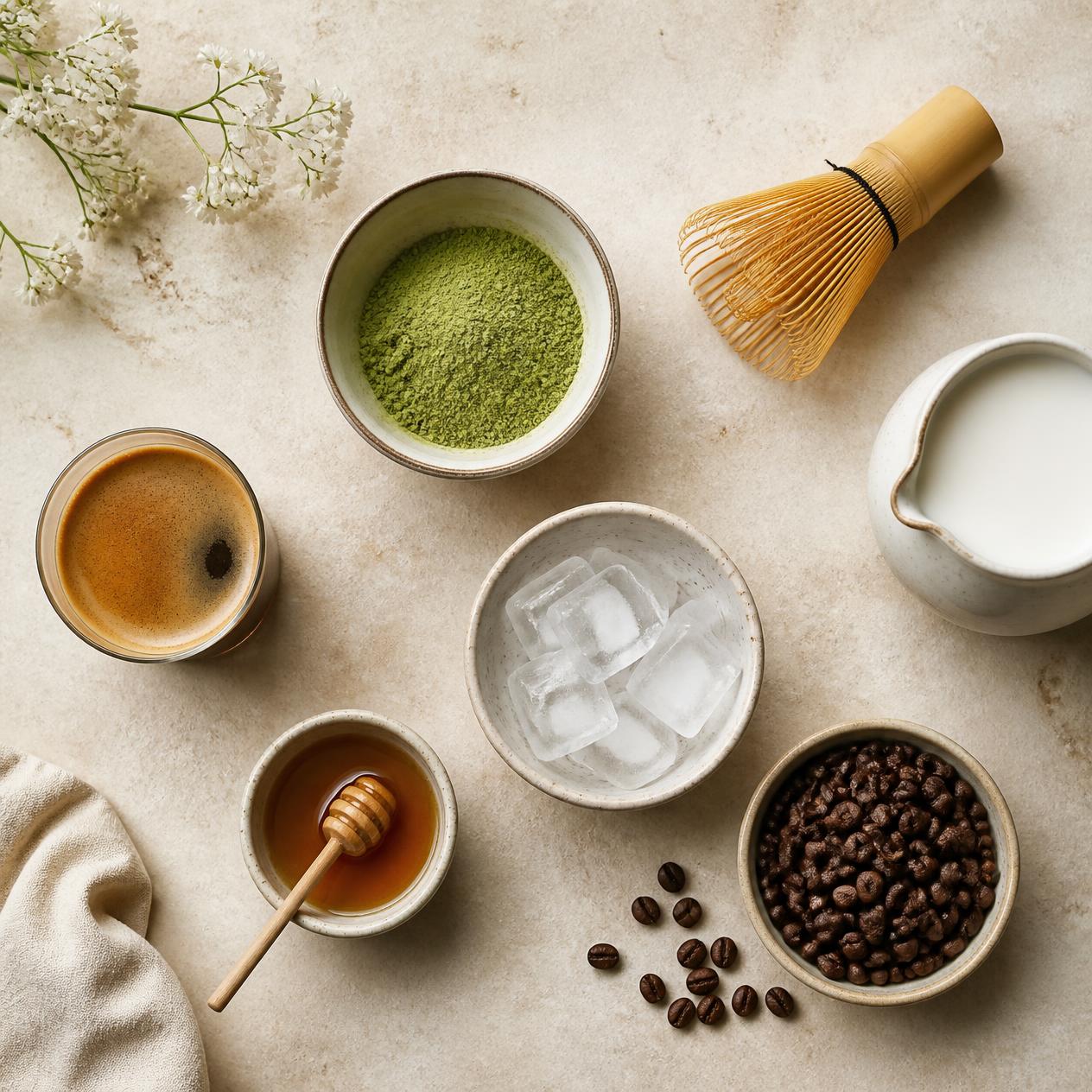 Matcha kávé smoothie hozzávalói