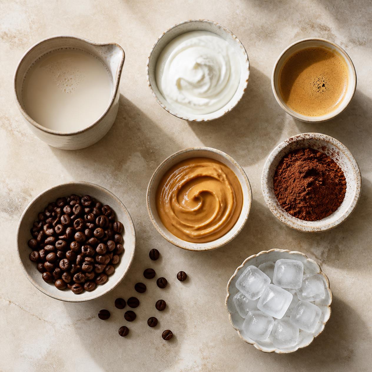 Mogyoróvajas csoki-kávé smoothie hozzávalói