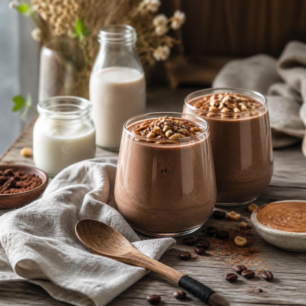 Mogyoróvajas csoki-kávé smoothie tálalása