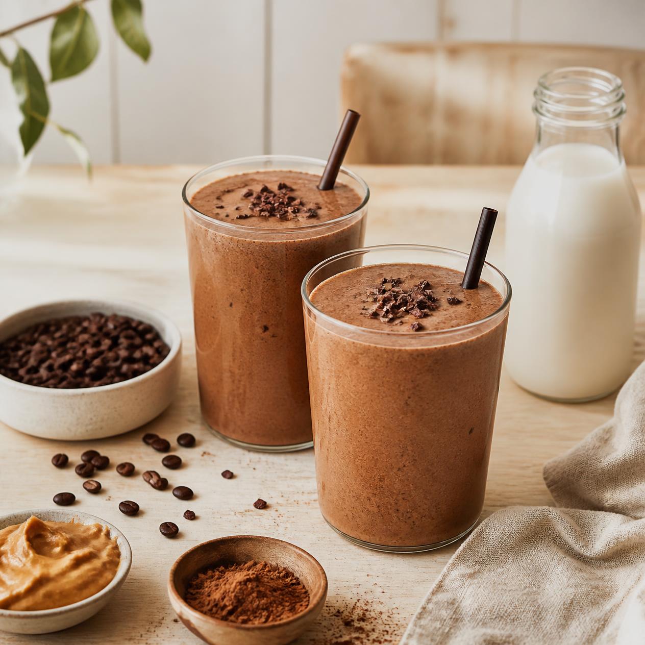 Mogyoróvajas csoki-kávé smoothie tálalása