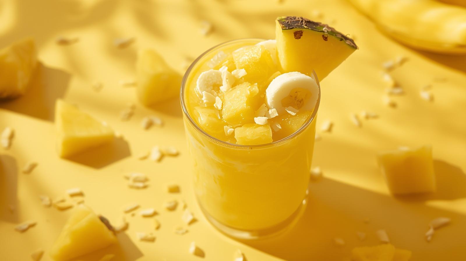 smoothie ananász banánszeletek kókuszdarabok