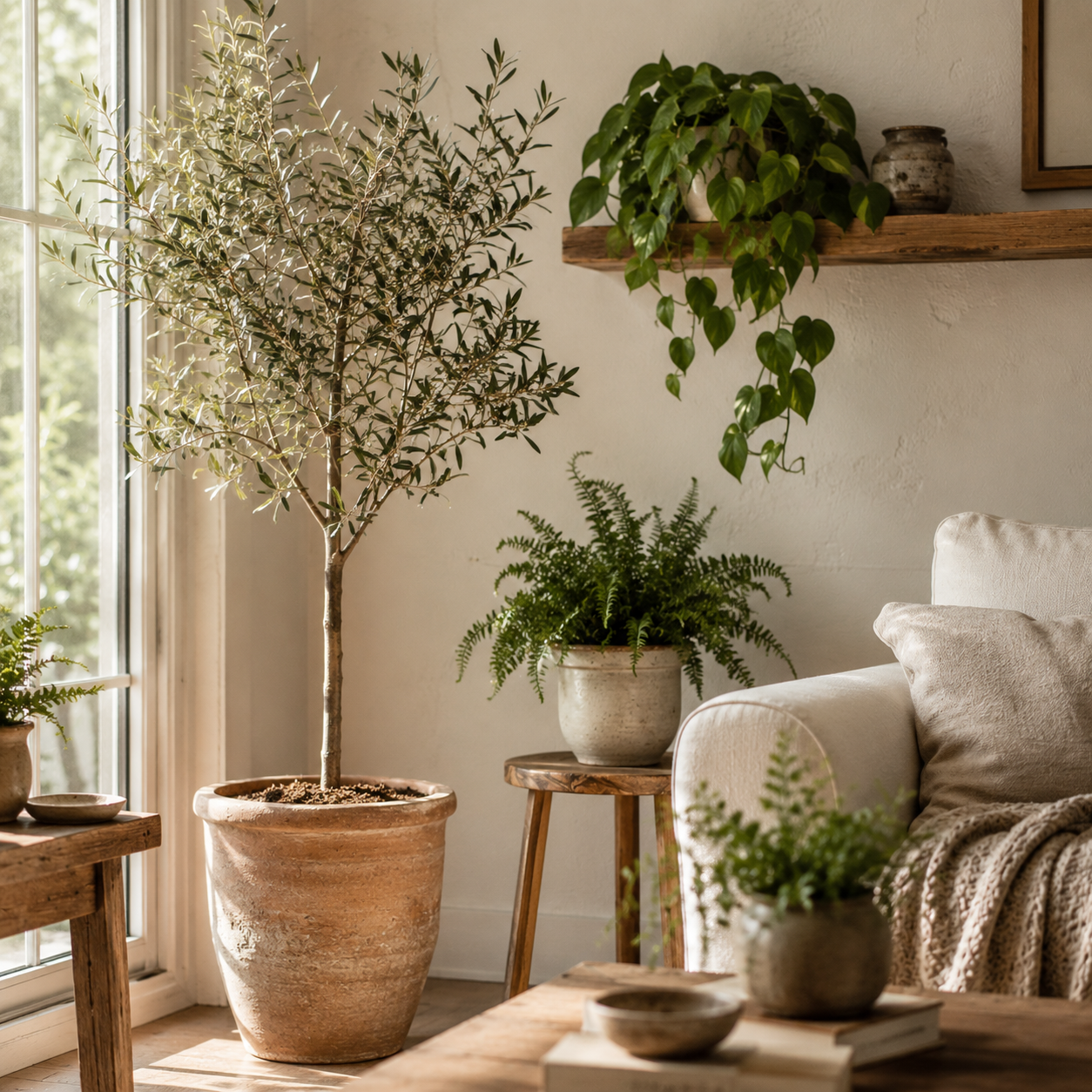 Szobanövényekkel berendezett cottage stílusú nappali
