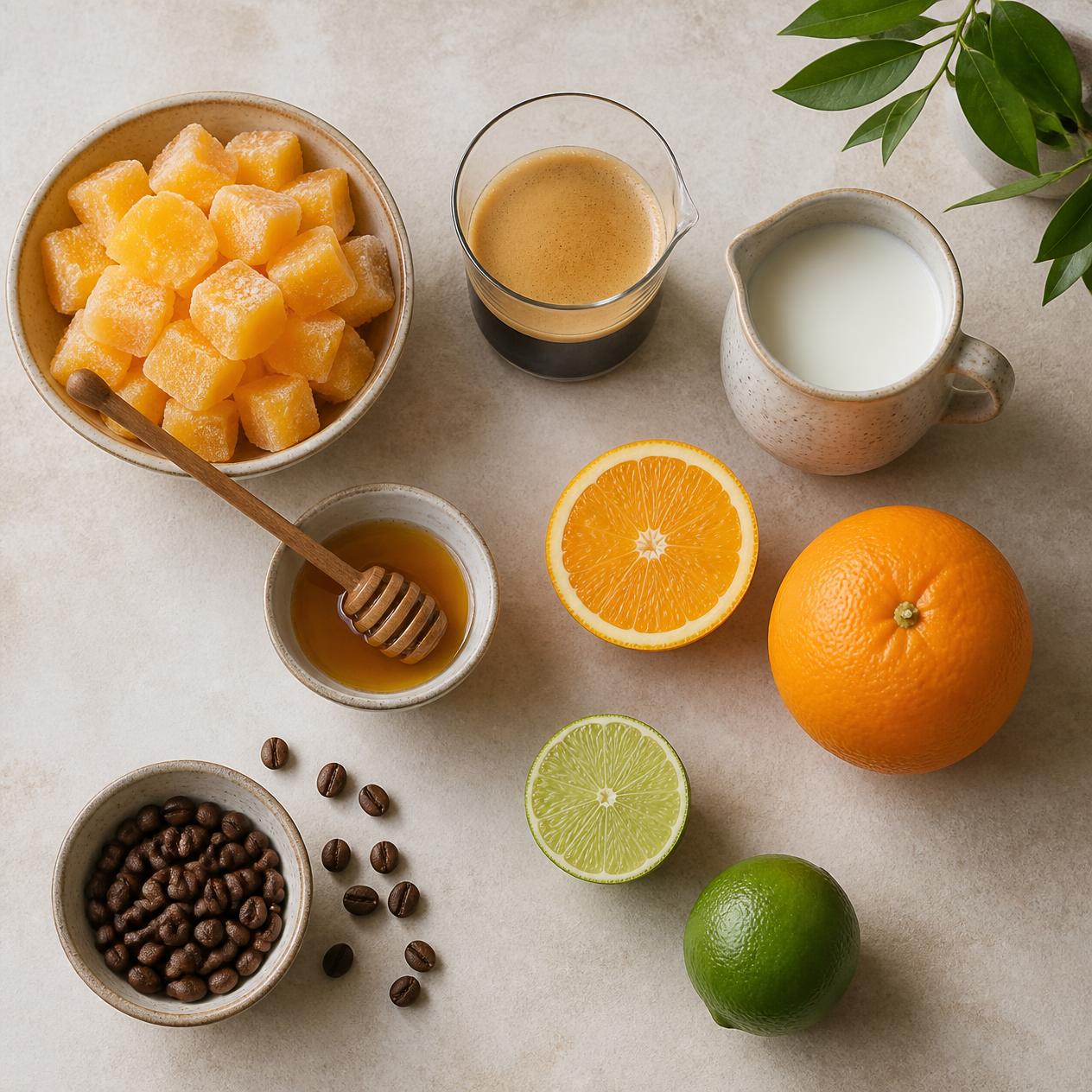 Trópusi mangós kávé smoothie hozzávalói