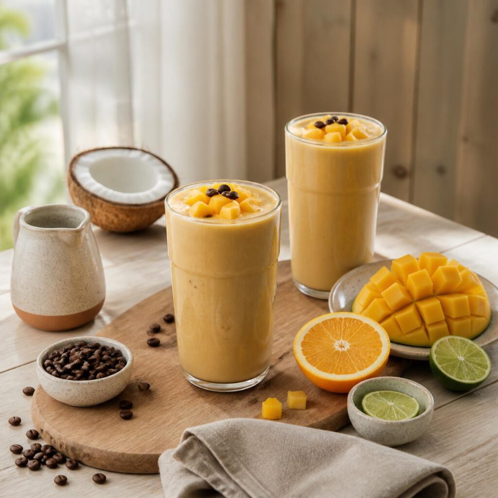 Trópusi mangós kávé smoothie