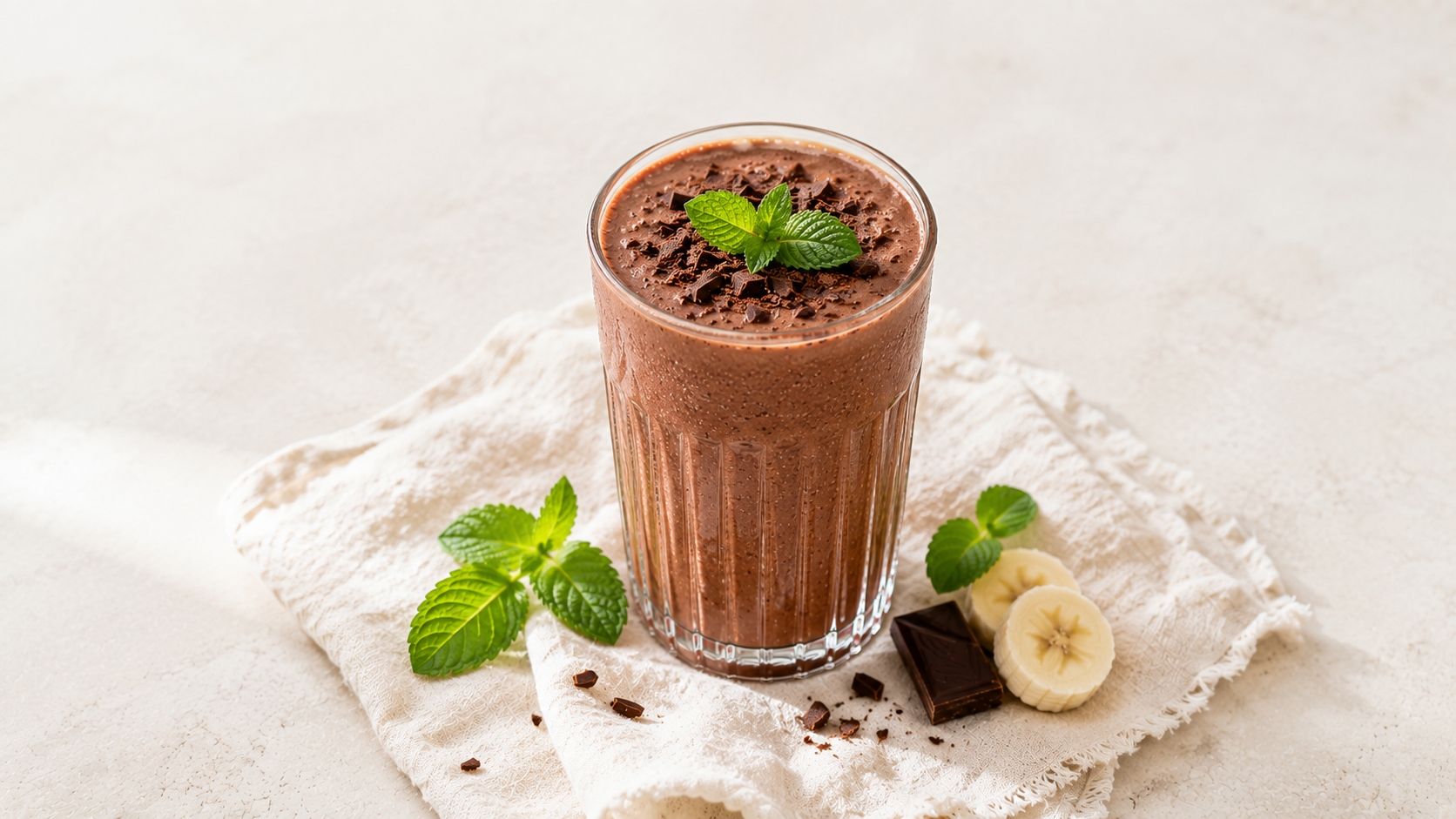 pohár mentás csokoládés smoothie letisztult, világos nyári környezetben.